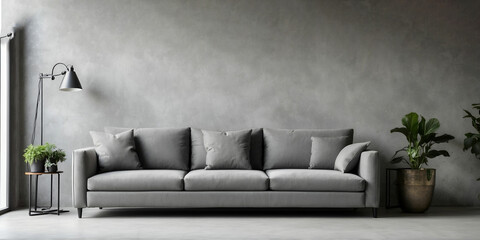 grey sofa with terra cotta pillows against black wall with shelves and posters - obrazy, fototapety, plakaty