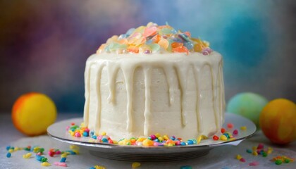 Birthday Cake with White Drip Icing & Sprinkles - obrazy, fototapety, plakaty