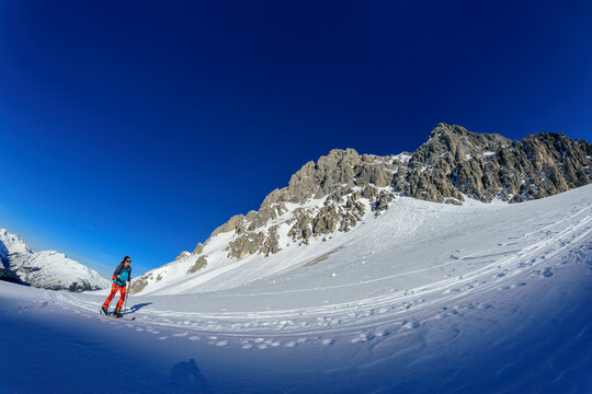 Mature woman back country skiing on Gruenstein, Mieming Range, Tyrol, Austria