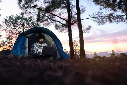 Freelancer working on laptop in tent near trees at sunset