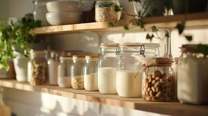 Row of milk bottles with fabric tops on a rustic kitchen shelf. Generated AI.