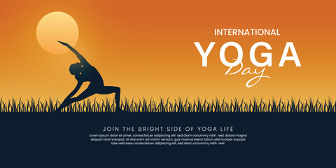 international yoga day black  Art & grass Illustration with sun rise, birds vector file - obrazy, fototapety, plakaty