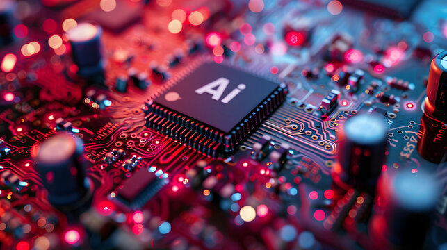 ai, the term artificial intelligence, is printed on a circuit board with an image of the letter "Ai", captioned "Ai", in the style of light red and indigo, luminous color palette, light gold and azure