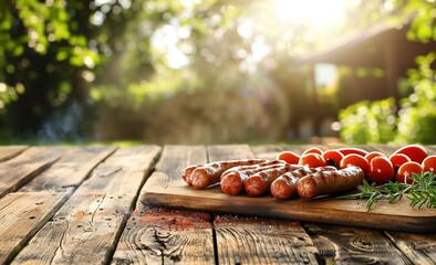Sausage grilling on barbecue grill in garden with wooden table for product display montage, summer background - obrazy, fototapety, plakaty