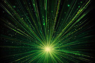Abstract green light burst with radiant rays on dark background. Golden green sparkling backdrop with copy space.