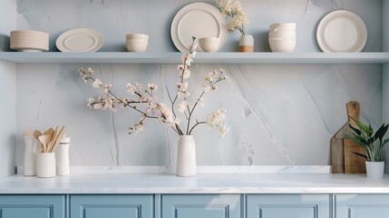 Fototapeta na wymiar kitchen with white marble countertop and blue cabinets, shelf holding plates and vases filled with flowers