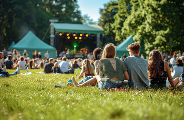 A group of people sitting on the grass at an outdoor concert in English park, with green tents and a stage background