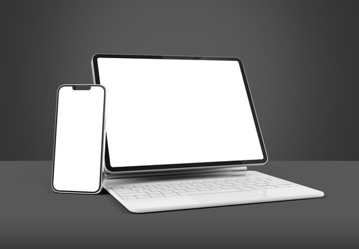 PARIS - France - March 15, 2023: Apple Ipad Pro with the white magic keyboard and Iphone 14 - 3d rendering on grey background