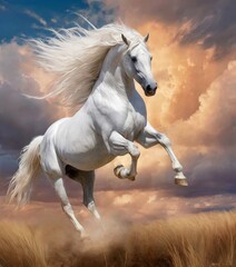 Obraz na płótnie Canvas A white horse gallops with elegance through a golden field, its mane flowing freely against a picturesque sunset sky. AI generation