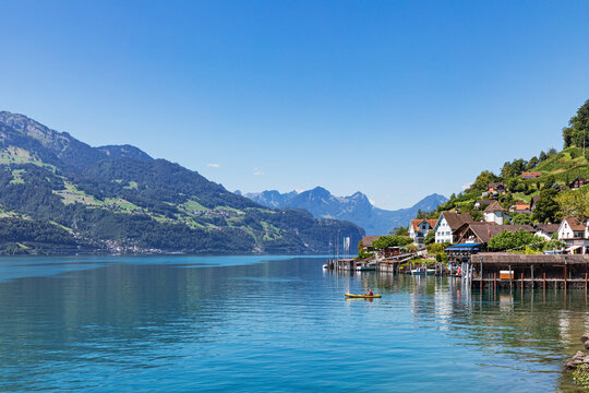 Switzerland, St Gallen Canton, Quinten, Village on shore of lakeWalensee in summer