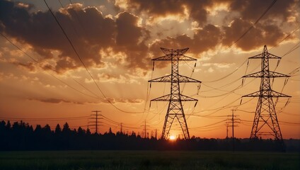 Silhouette of a towering high-voltage electric pylon against the backdrop of a setting sun Generative AI