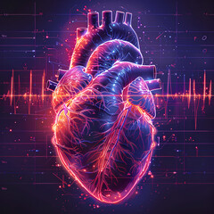 Detailed digital EKG artwork of a human heart, set against a backdrop of glowing EKG data and heart rate monitors.