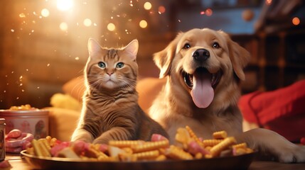 a dog and cat lying on a table with food - obrazy, fototapety, plakaty