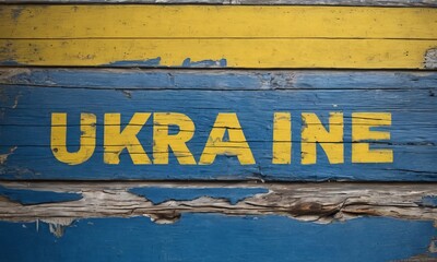 Faded and weathered wood panels painted with the word Ukraine, reflecting national pride and the wear of time. AI generation