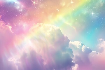 Cute pastel rainbow background with clouds and stars, soft sky with a dreamy rainbow fantasy background - obrazy, fototapety, plakaty