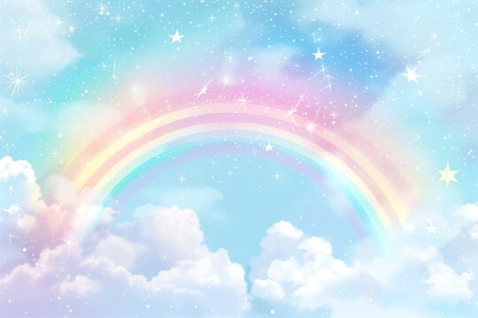 Cute pastel rainbow background with clouds and stars, soft sky with a dreamy rainbow fantasy background