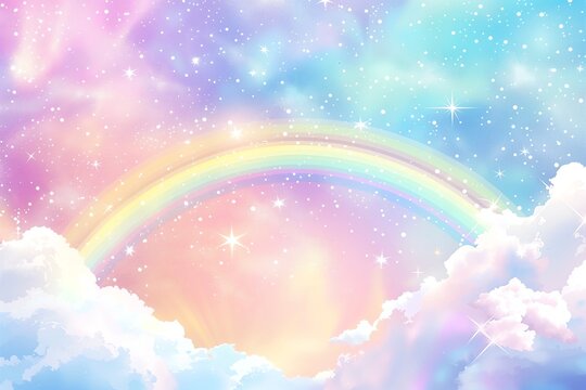 Cute pastel rainbow background with clouds and stars, soft sky with a dreamy rainbow fantasy background