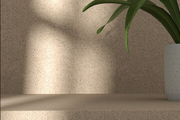 Product showroom. Realistic natural palm leaves palm. shadow on wall, window light. beige granite...