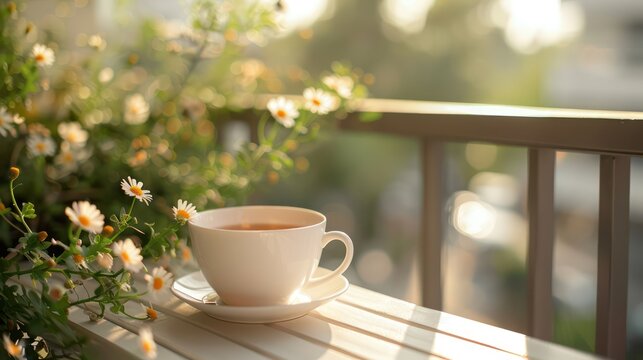 an image of a household balcony or patio where family members unwind with a cup of tea or coffee, enjoying quiet moments of reflection and gratitude. 