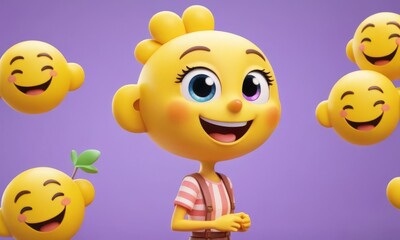 An adorable 3D animation of a smiling child character surrounded by floating happy face emojis on a purple background. AI generation