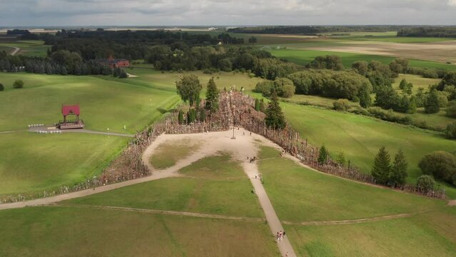 Birds eye view of the Hill of Crosses, a mysterious site in Lithuania where