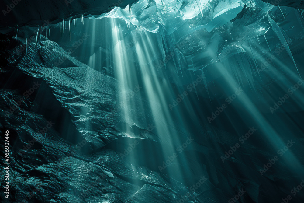 Poster sun beams in a surreal ice cave. background image. created with generative ai technology.