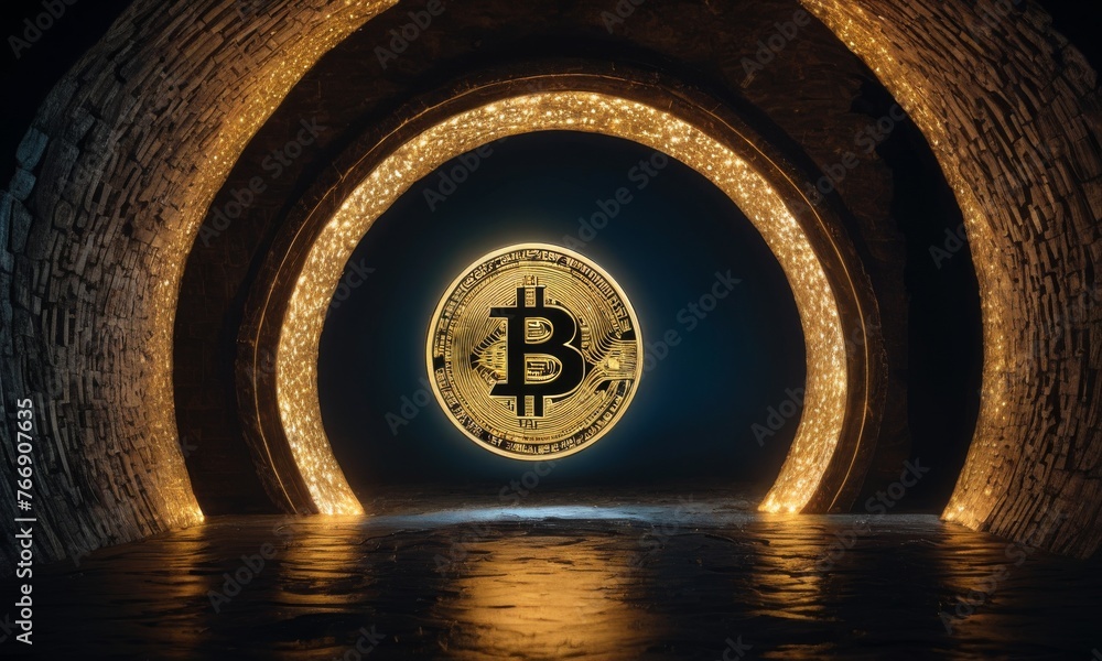 Poster the iconic bitcoin symbol is framed by a glowing stone portal, creating a mysterious gateway that al