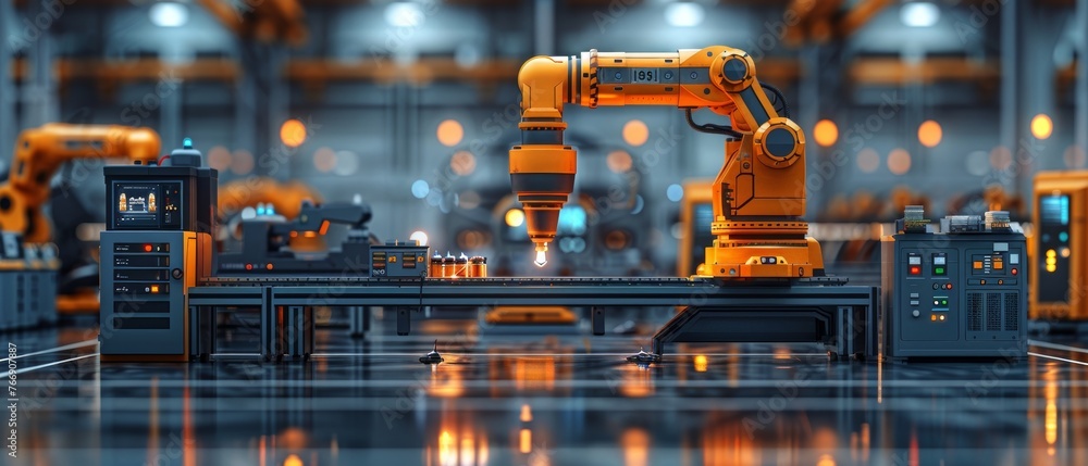 Fototapete UI monitoring system software with welding robotics automatic arms icon in intelligent factory automotive industrial.