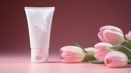 a white tube of cream next to pink tulips