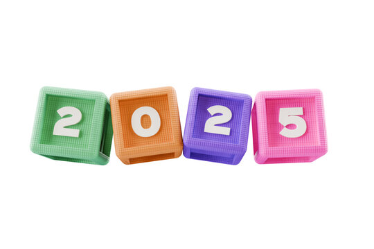 2025 numbers in colourful building block cubes, on transparent background