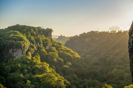 Italy, Lazio,CastelSantElia, Forested valley seen fromSantuarioSanta Maria adRupes