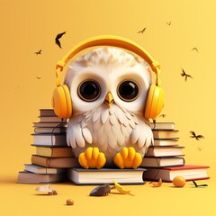 a cartoon owl wearing headphones and sitting on books