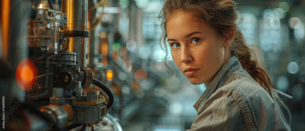 Poster In a factory, female industrial engineer works with automation robot arms machine in real-time monitoring system software. Digital future manufacture.