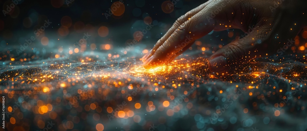 Aufkleber Cyberspace of the future. Digital neural network. Business man's hand touching introduction of artificial intelligence. Metaverse universe, concept.