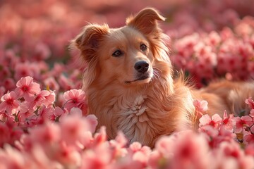 Dog amidst a field of pink flowers looking back. Generated AI. - 766908800
