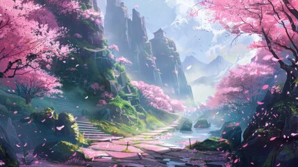 Springtime Blossom in a Magical Valley at Dawn - obrazy, fototapety, plakaty