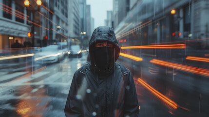 Anonymous figure in a hoody standing still in a bustling city street during rain