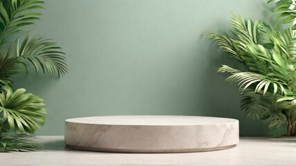 Fototapeta na wymiar White granite stone pedestal, simple round stand with green tropical plants around. Product presentation concept.