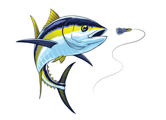 Yellowfin Tuna Fish Catching the Fishing Lure Realistic Illustration - obrazy, fototapety, plakaty