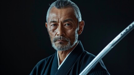 Portrait of sensei master with black sensei belt in taekwondo kimono witn sword katana on black background. Traditional samurai hakama kimono. - obrazy, fototapety, plakaty