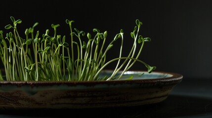 Sunlight on sprouting microgreens in a ceramic dish. Generated AI. - 766909248