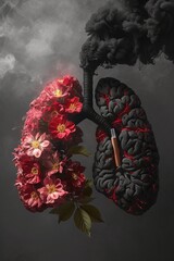 Conceptual art of healthy versus unhealthy lungs with flowers and smoke. Generated AI. - 766909251