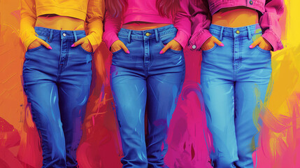 Three women in colorful tops and denim jeans against a vivid backdrop.