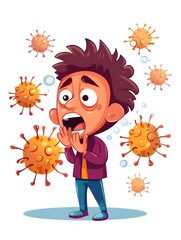a cartoon of a man with his hands on his face surrounded by bacteria