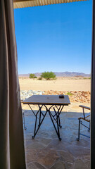 Outdoor terrace at a lodge in the middle of the desert