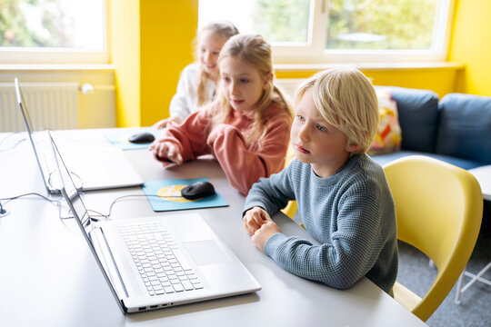 Blond boy sitting with girls learning in computer classroom