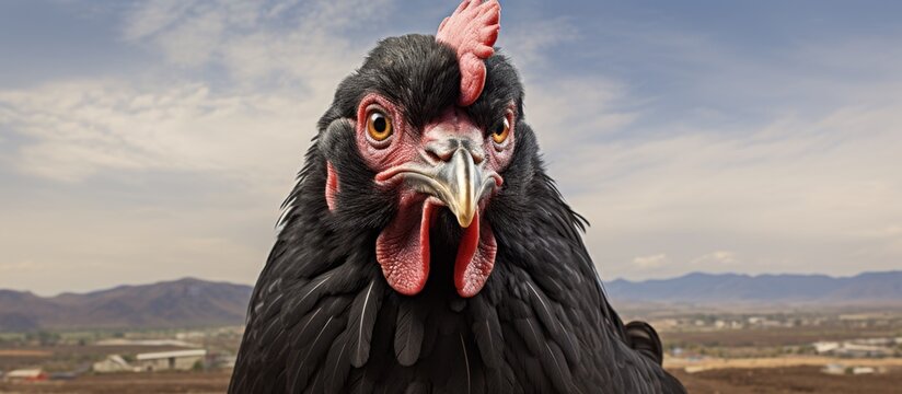 A black chicken with a red crest stands in a field under a cloudy sky, gazing at the camera. The unique bird creates a fictional character against the natural landscape