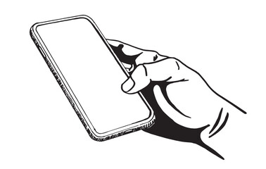 Graphical hand holding smartphone , vector illustration. Ink pen drawing, technology	
