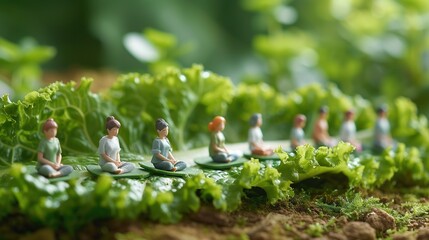 Miniature figures meditating on leaves amidst a garden setting. Generated AI. - 766910215