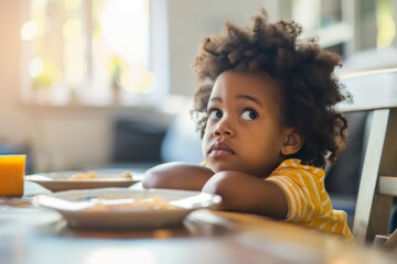 african american child with curly hair laying on a table with food